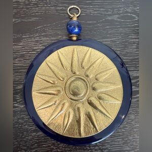 Cobalt Glass Round Medallion Gold Metal Raised Detail Wall Hanging